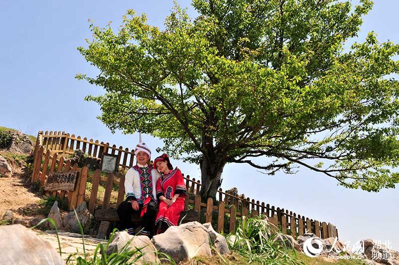 2020年4月27日，一對戀人在湖北省宜昌市夷陵區龍泉鎮“美麗宜道”宋（家嘴）百（裡荒）路終點山楂樹下的打卡點留影。