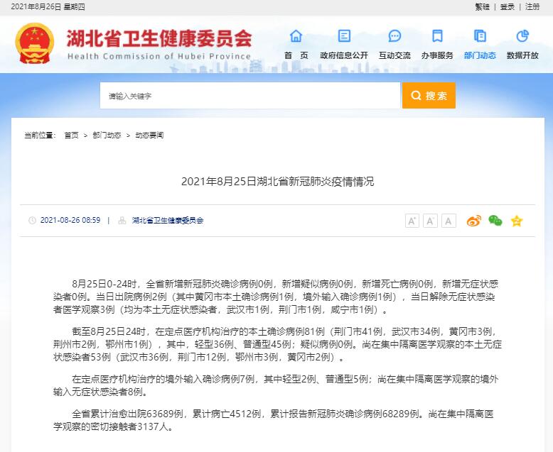 8月25日湖北省新增新冠肺炎确诊病例0例
