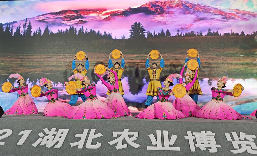 11月27日下午，在新疆馕產業推介會暨特色農產品交易會(武漢)啟動儀式上，參展的龍頭企業員工與"馕"載歌載舞，答謝湖北武漢人民。