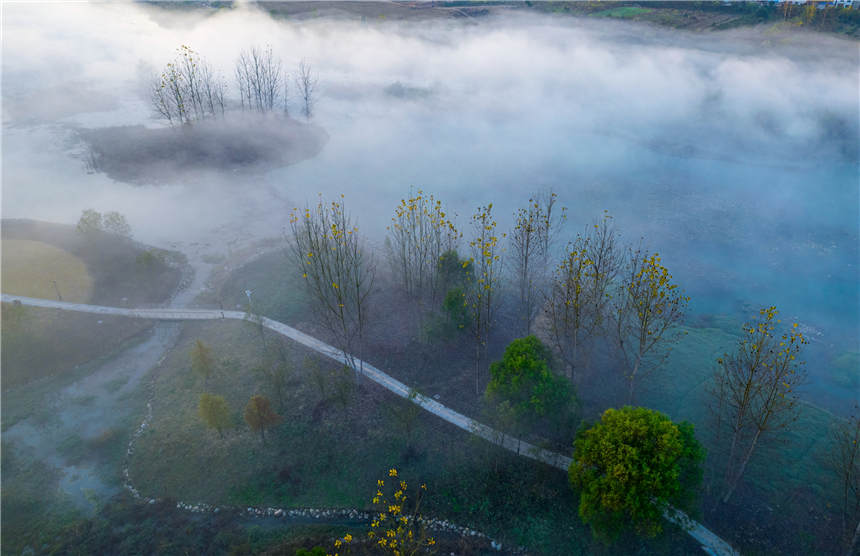 修復后的黃柏河生態濕地現罕見的冬季雲海奇觀。