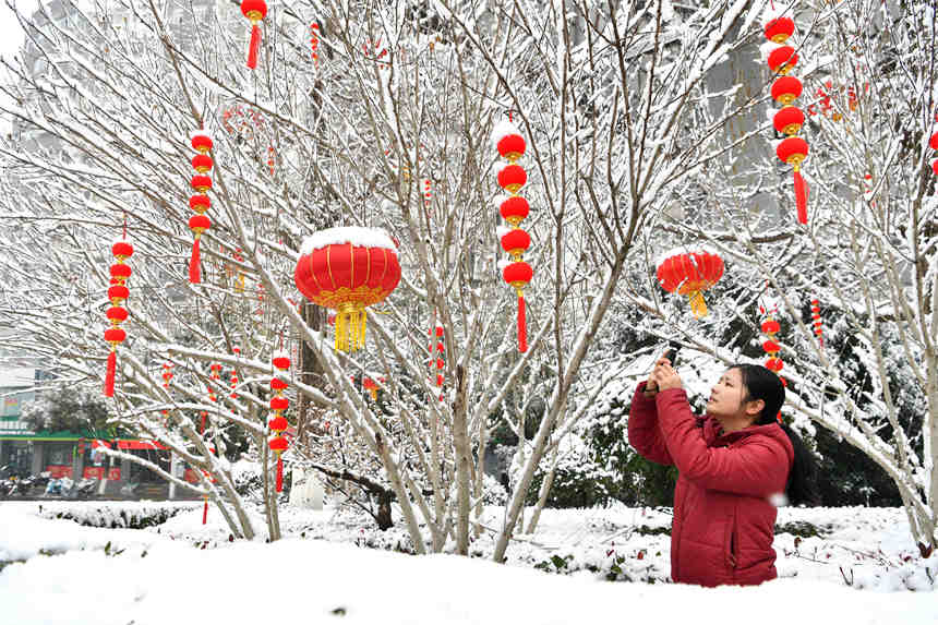 1月28日，游客在湖北省襄陽市保康縣城一處街心花園拍攝雪景。