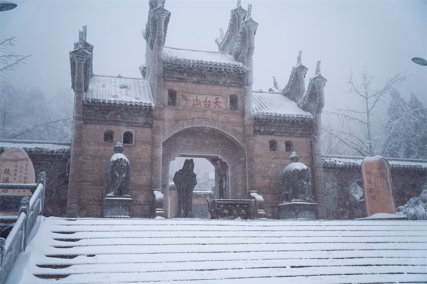 湖北天台山：枝頭白雪迎風傲立。