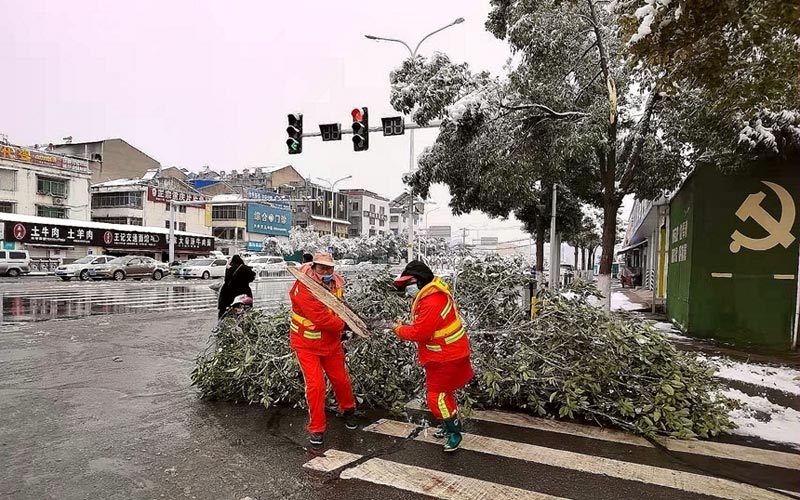樊城區環衛工人清理折斷的樹枝。