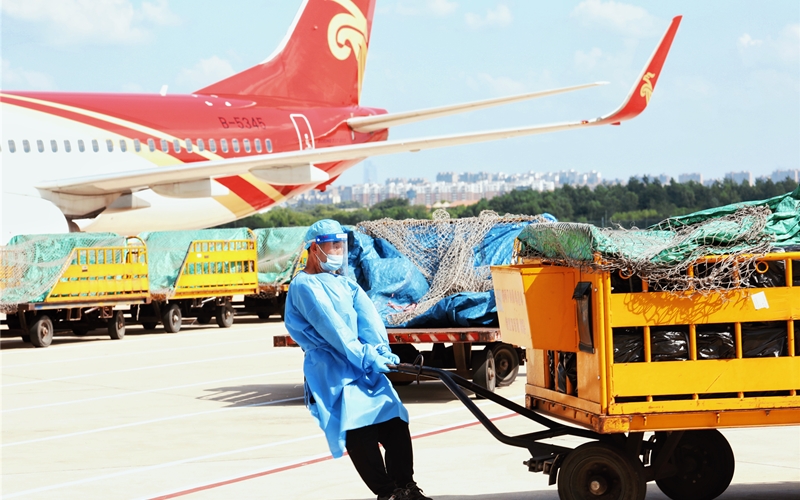 湖北機場集團物流裝卸員每人每天要保障貨物、郵件、行李等物資12噸左右。張蒙攝