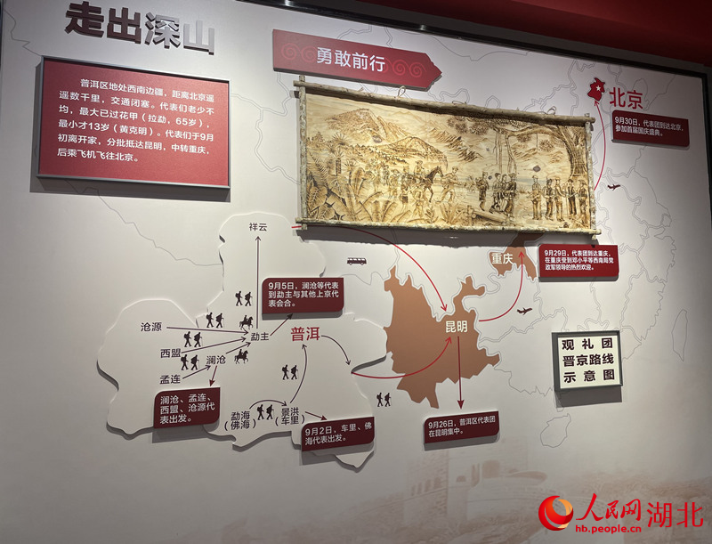 普洱民族團結誓詞碑紀念館展示的代表赴京觀禮路線圖。人民網 周恬攝