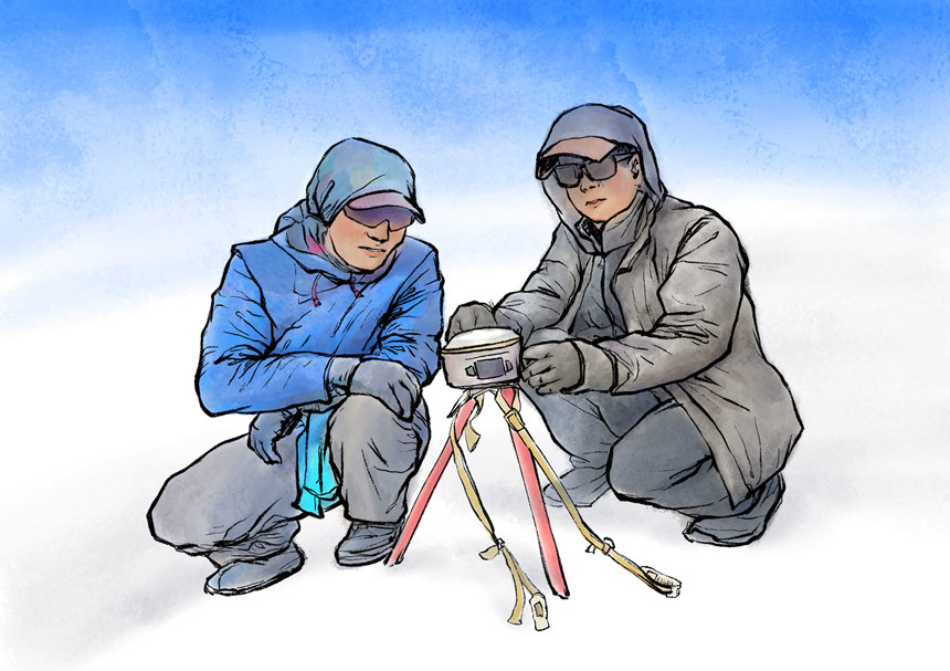师生们在冰雪世界里，一边采集地质标本，一边开展地质测量。他们在全球各地人迹罕至的山峰，搜集一手科研数据，为后续的科研提供宝贵的参考资料。人在天地自然间，融为一体。