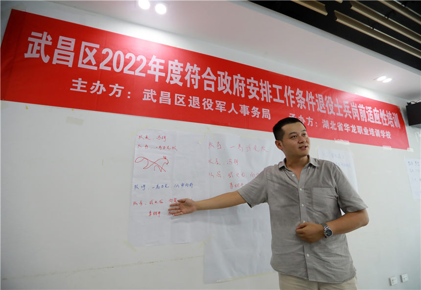 8月16日在武漢市湖北省華龍職業培訓學校退役士兵走上講台。