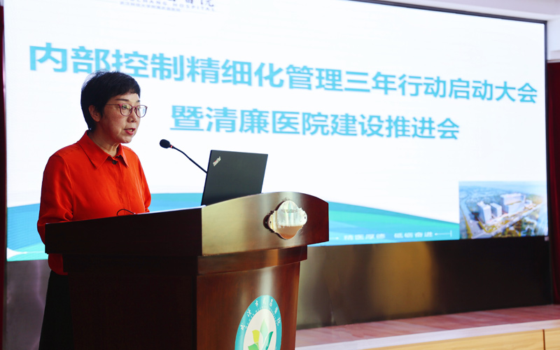 武汉市纪委监委派驻市卫健委纪检监察组组长张萍总结发言并寄语“清廉助理”。武汉市武昌医院供图