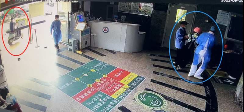 醫院急診室監控視頻（紅圈為張基廣，藍圈左一為丁佔國）。武漢大學人民醫院供圖