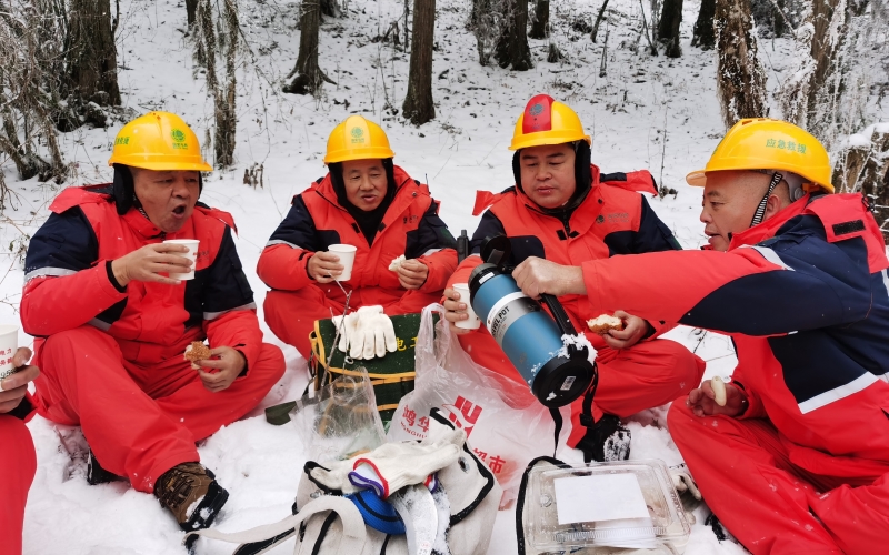 國網湖北電力員工在鶴峰縣走馬鎮大埡林區巡線途中午餐。覃濤攝