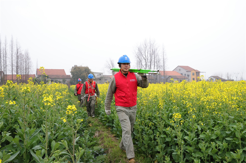 3月1日，國網荊州供電公司天保供電所共產黨員服務隊隊員張新平、余耀東、程貴峰巡查春灌用電設備。周志勇攝