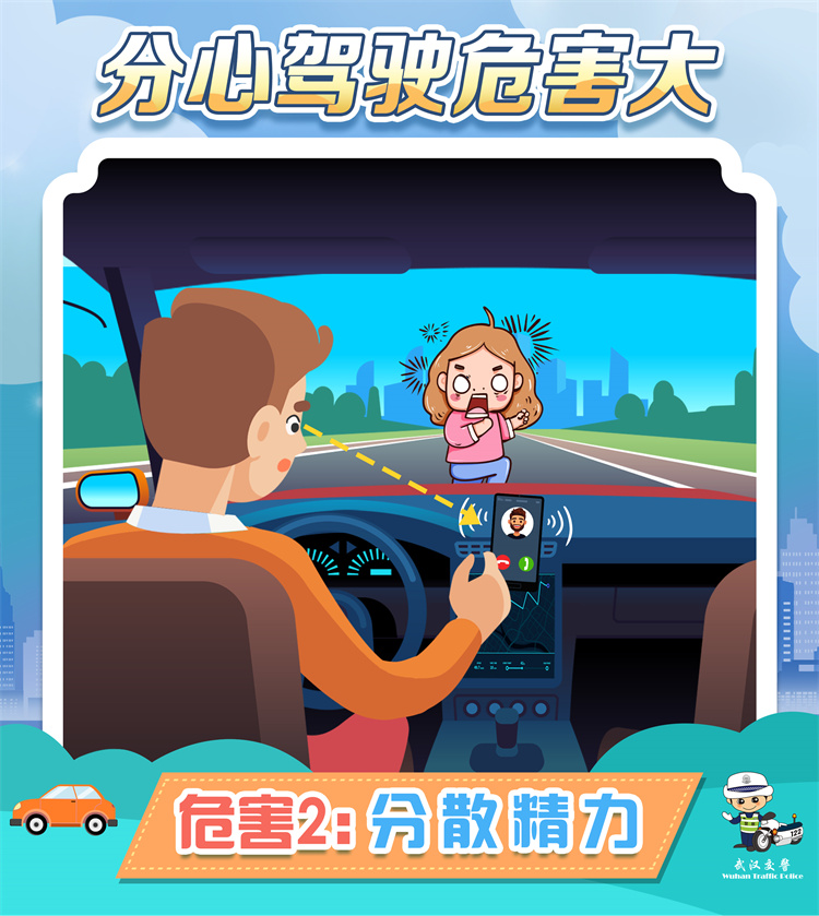 开车打手机的危害。武汉市公安局交通管理局制图