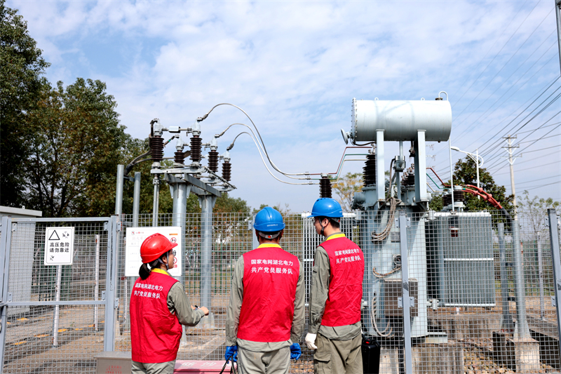 國網鄂州供電公司“鄂電紅馬甲”巡視園區內配電設備，確保”雙11”可靠供電。戴佩攝