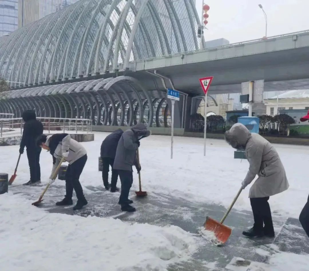 碳排放權登記結算（武漢）有限責任公司下沉黨員突擊隊到水果湖街道機安社區開展中北路知音廣場沿線鏟冰掃雪，完成近千米人行道路的清雪工作。