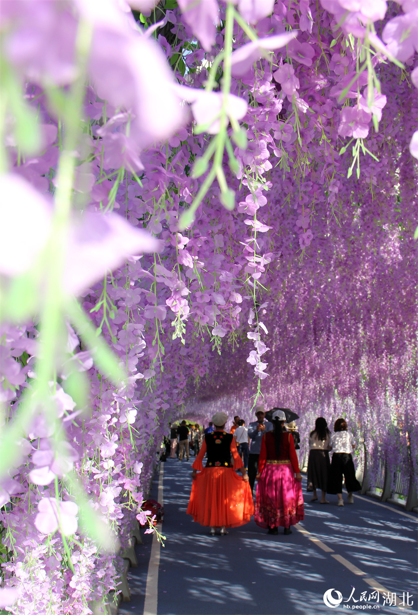 位于武汉建设十路附近的紫藤花桥骑行道，整座天桥从栏杆到拱廊，布满紫藤、蔷薇造景，引得市民纷纷打卡。人民网记者 周恬摄