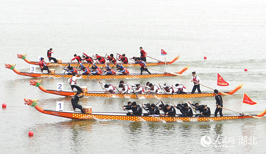 四支來自湖北高校的龍舟隊伍正在加速沖向終點。人民網記者 周雯攝