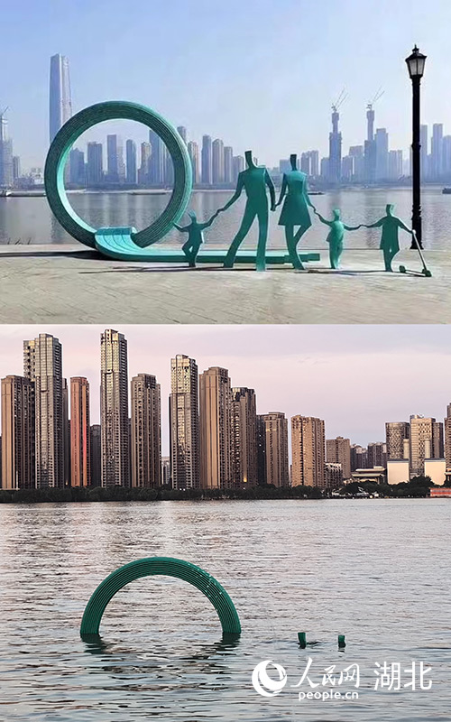 上图为武汉长江江滩公园“一家五口”雕塑（资料图），下图为6.30日江水雕塑被淹。人民网记者 周雯摄