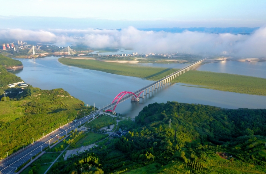 2025年8月17日拍摄的南水北调丹江口库区郧阳段汉江水域，江中还裸露着草滩。