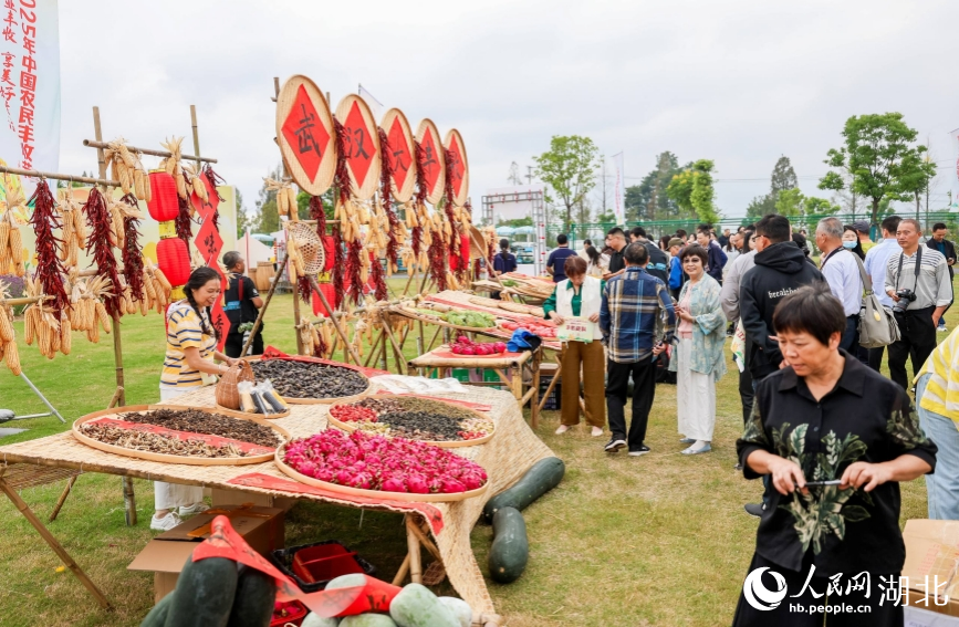 晒秋区中展示的各种武汉特色农产品吸引游客合影留念。人民网记者 郭婷婷