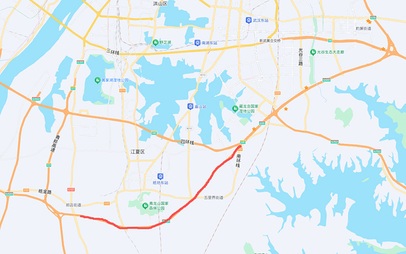 武漢繞城高速公路中洲至鄭店段改擴建工程路段示意圖。