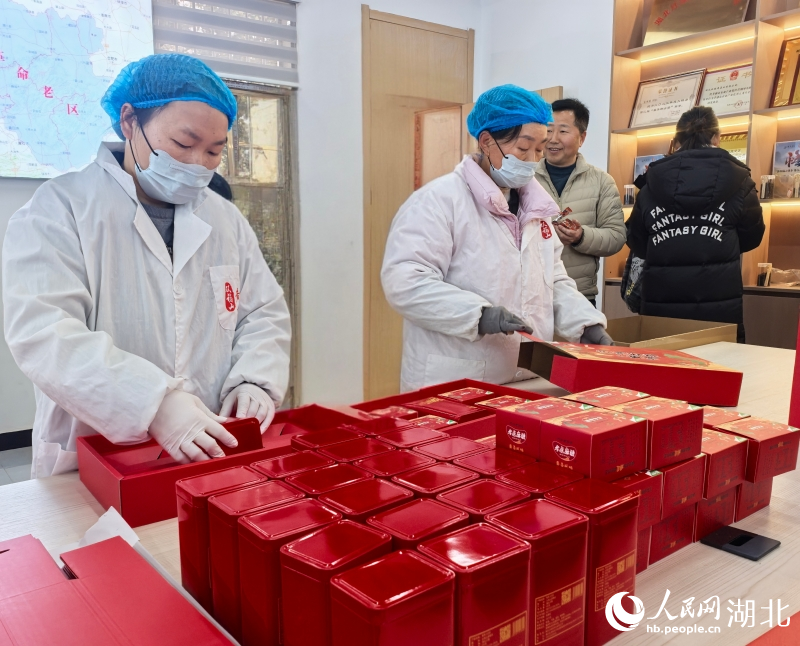 工人们忙着打包黄茶麻糖礼盒。人民网记者 周雯摄