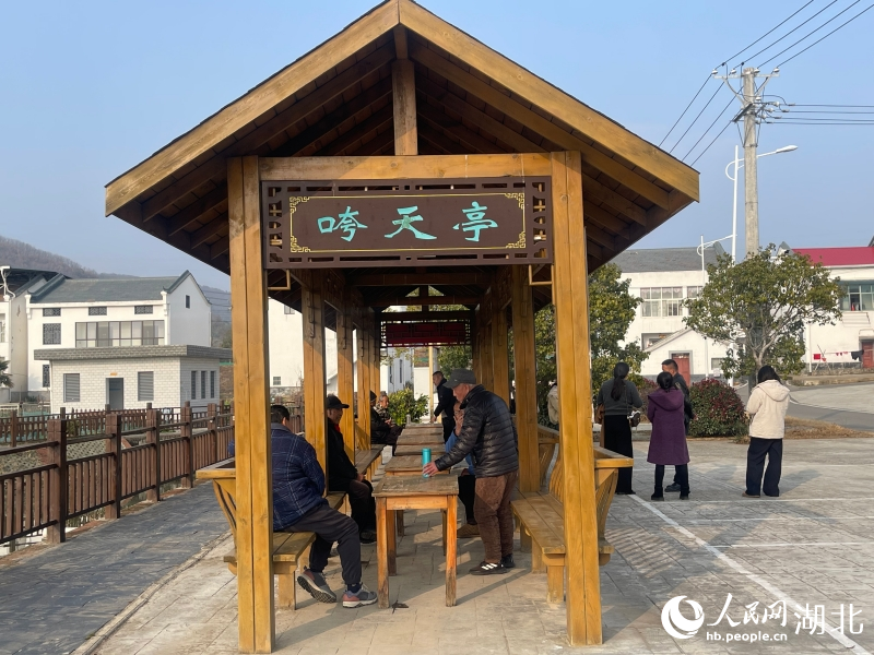 蔡甸区石港村咵天亭里，村民讨论春节的庆祝方案。人民网记者 周倩文摄