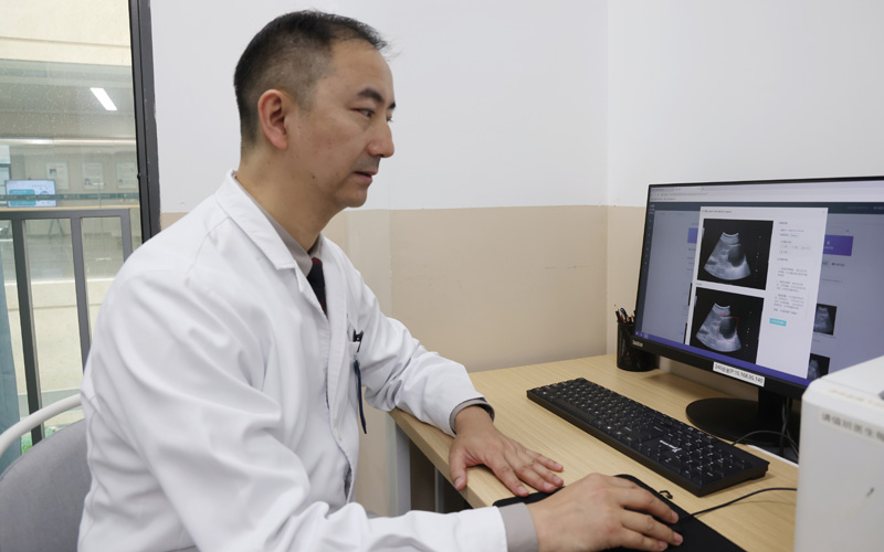 武汉市中心医院超声诊断科主任刘建新演示超声诊断大模型“佑伽”。