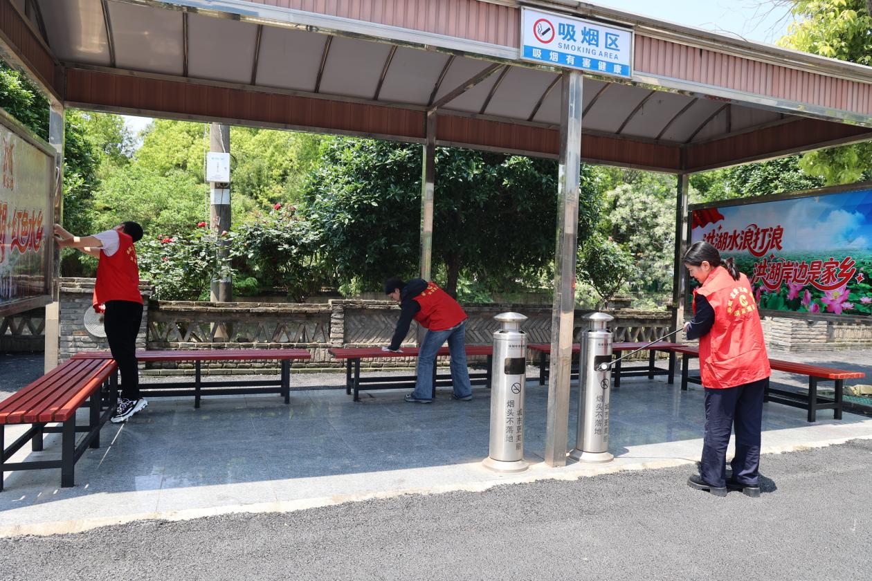 洪湖烟草青年志愿者在景区开展卫生整治。