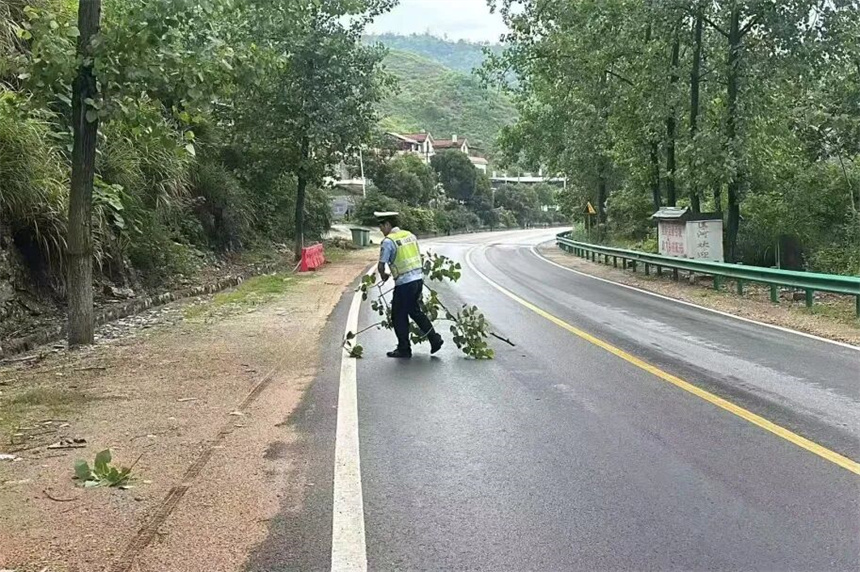 黄石交警提前巡查，清除路面树枝等障碍物。