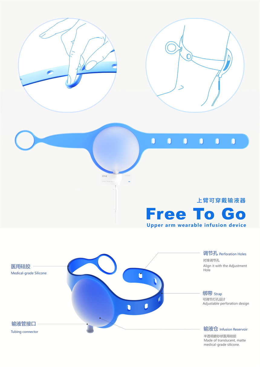 获奖作品《FREE TO GO——Wearable Upper Arm Infusion System》展示图。