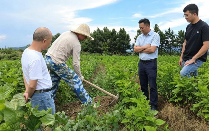 駐村隊員與村干部下沉田間交流桑蠶管護技術。