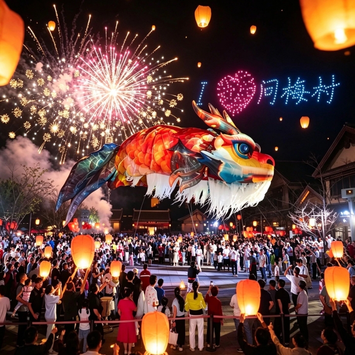 國慶期間，黃岡黃梅東山問梅村鰲魚飛天。